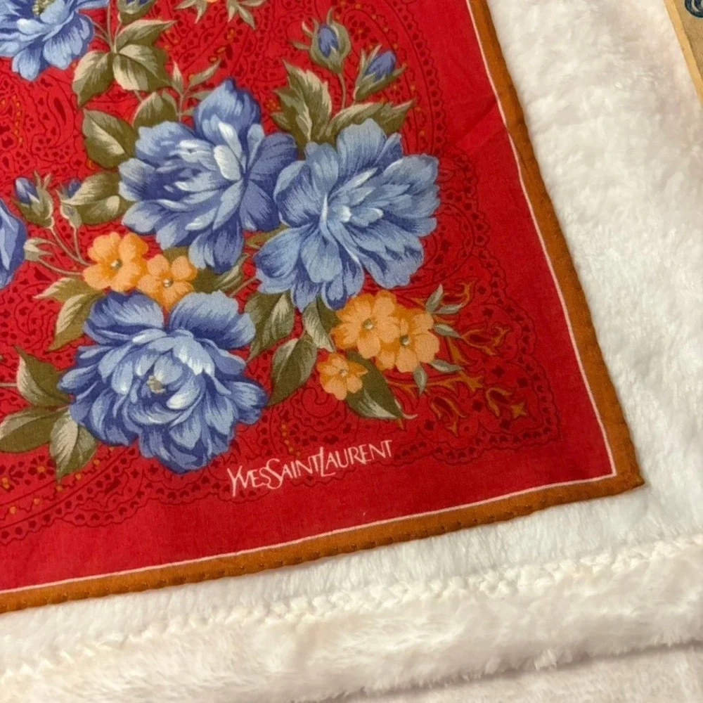Vtg YVES SAINT LAURENT Scarf Handkerchief Floral Paisley Red Blue Yellow 18.5